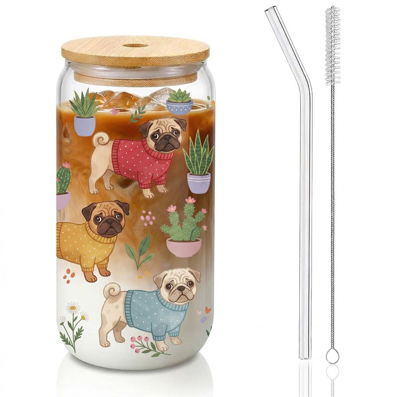 Pug Gift for Women,16 oz Glass Cup with Lids and