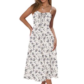 Caracilia Women Summer Floral Corset Midi Sundress Casual Spaghetti Strap Beach Vacation Wedding Guest Milkmaid Dress Pockets White Purple Floral Medium