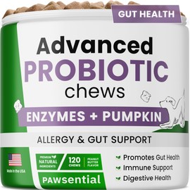 Pawsential Dog Probiotic Chews for Digestive & Gut Health - Advanced Formula with Yeast, Enzymes & Fiber - Diarrhea Gas Stomach Relief Treats - Chewable Pet Digestion Supplement (120Ct Peanut Butter)