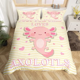 Axolotl Comforter Cover Gift For Girls Women Cartoon Axolotls Duvet Cover Single Size Room Decor Cute Fish Decor Bedding Set Kids Kawaii Animal Pet Reptile Geometric Stripes Quilt Cover Yellow