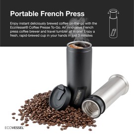 EcoVessel Travel French Press, Portable Coffee Maker, Stainless Steel Insulated Coffee Press, Reusable Single Serve Bottle for On-The-Go Use, 14oz (Stone)