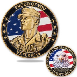 Veterans Challenge Coin with Clear Protective Case – Proud of You, Military Honor Coin with Eagle & Soldier Design | Thank You for Your Service Gift