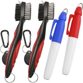 Borogo 2PCS Golf Club Brush Groove Cleaner with 2 Ft Retractable Zip-line and Aluminum Carabiner Cleaning Tools Red