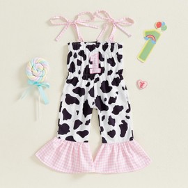 Infant Baby Girls 1st Birthday Rompers Newborn Baby Girls' Cow Print Bodysuits Sleeveless Letter Embroidery Full Length Jumpsuit Playsuit for Baby Girl Birthday Clothing (White, 6-12 Months)