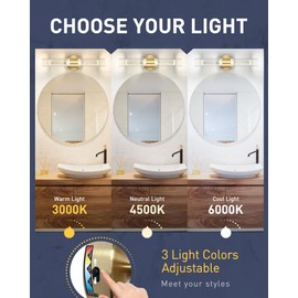 kudos Gold Bathroom Light Fixtures, Modern Sconces Wall Lighting with Crystal Bubble and Clear Glass, 3000K/4500K/6000K Adjustable, KDVL05-GD-2