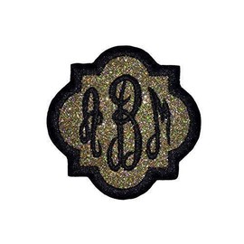 Custom Embroided Name Tag Iron On Patch-Quatrefoil Script Monogram-Gold Glitter/Black Thread