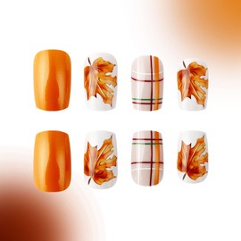 Thanksgiving Nails Fall Press Ons Medium Square Maple Leaf Orange Glitter Plaid Acrylic Nails Cute Autumn Leaves Design Full Cover Stick Ons for Women 24 Pcs