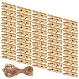 Mini Clothespins, 50pcs Wooden Photo Clips Small Clothes Pins, Wooden Clothes Pins with 200cm Jute Twine for Crafts Hanging Photos, 35*7 mm