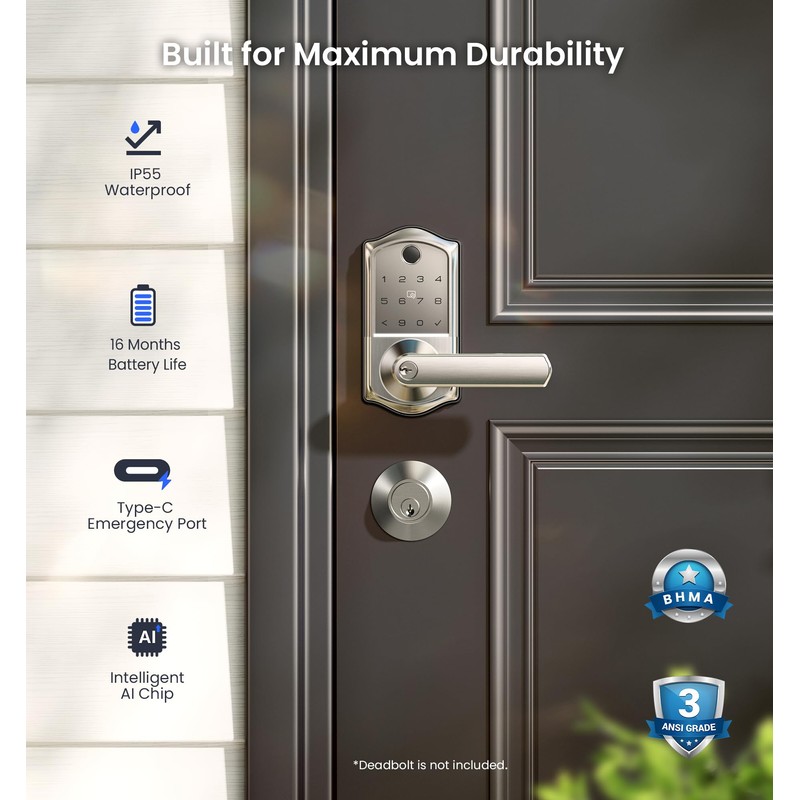 Veise VE019 Fingerprint Smart Lever Lock - APP Control, Keypad