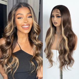 NOBLE T-Part Lace Front Wigs with Baby Hair 28 Inches Highlights Blonde Long Wavy Wig Middle Part Wavy Wig Natural Looking Heat Resistant Fiber Wig for Daily Party Use