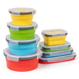 Collapsible Silicone Food Storage Containers Set with Lid & Air Vent, Foldable Lunch Containers, 16 Pack (8 Rectangular + 8 Round Bowls), BPA-Free, Space-Saving