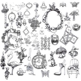 Fairy charms,40Pcs Antique Silver Alice in Wonderland Fairy Tales Charms Alloy Rabbit Watch Teapot Pendants Necklace Bracelet Charms for DIY Jewelry Making