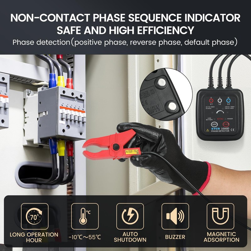 EITAI1000D Non-Contact Phase Sequence Tester, AC 70V-1000V, Φ1.6inch/40mm, Manufacturer Direct