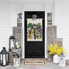 AVOIN Happy Mardi Gras Masquerade Mask Fleur de Lis Umbrella House Flag Vertical Double Sized, Holiday Party Mardi Gras Bead Lamp Yard Outdoor Decoration 28 x 40 Inch