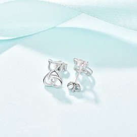 KINGWHYTE Cat Earrings 925 Sterling Silver Cute Animal Earrings Cat Celtic Heart Stud Earrings Jewellery Gifts for Cat Lovers Women Girls Friends