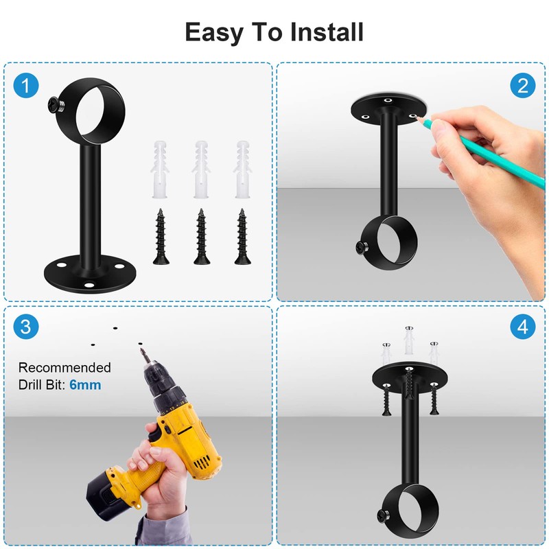 6 Pack Curtain Pole Bracket Ceiling Mount Black 25mm Metal