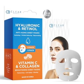 Clear Beauty Mascarilla facial hialurónica y retinol + vitamina C colágeno Duo – Hidratante, reafirmante y revitalizante para piel opaca o envejecida 