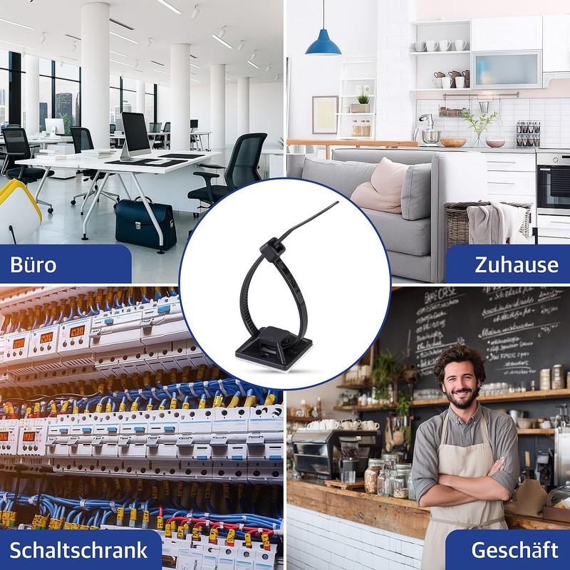AGT Kabelbinder Klebesockel: 800er-Set UV-beständige Kabelbinder mit Sockel, schwarz (mit