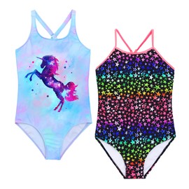 Mecamelon Girls One Piece Bathing Suit Unicorn Mermaid Printed Beach Swimwear (Purple Stars, 6-7 Years)