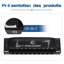 Conjurer Blues Harmonica in C Major Beginners & Children Blues Harp C 10-Hole Diatonic Harmonica Instrument Muntamonics with High-Quality Brass Reeds and Excellent Sound, 1006 C Major, Black