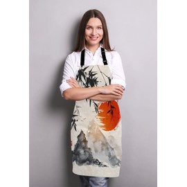 Wasach Japanese Trees Sun and Mountains Apron,Adjustable Neck Bib Apron for Men Women,Suitable for Kitchen Cooking Waitress Chef Apron