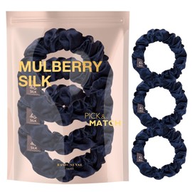 Basic Sense Silk Hair Scrunchies Luxurious Mulberry Hair Tie - Skinny Scrunchy Set of 3pcs, Navy