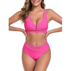 Colloyes Women's Deep V Neck Cutout Front Mesh Splicing Bikini Sets High Cut High Waisted Bottom Two Piece Swimsuit for Women Hot Pink Size X-Large
