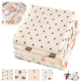 QICHEN Juego de 4 Mantas de Muselina para bebé recién Nacido，Manta de Muselina de 2 capas110*110CM，Mantas Transpirables de Muselina，Categoría Agradable a la Piel, Suave y Transpirable (Blanco 1)