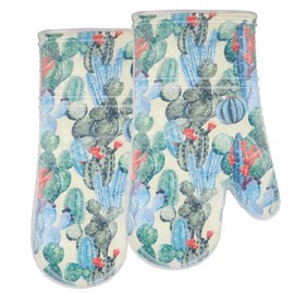 Oven Mitts Set of 2 with Transparent Clear Silicone Shell and Nice Cactus Flower Cotton Lining, Heat Resistant to 500 F Kitchen Oven Gloves Pot Holder for Cooking (Cactus Flower, Oven Mitts)