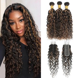 Highlight Black and Brown Bundles With Closure Water Wave 100% Unprocessed Human Hair Wet and Wavy Human Hair 18 20 22 inch 3 Bundles with 16 inch 2x6 HD Lace Closure #F1b/30