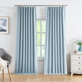 Pinch Pleat Full Blackout Curtain Panel Linen Texture Thermal Insulated Drapery with Full Blackout Liner for Farmhouse Bedroom Window Treatment Sets with Hooks, Dusty Blue, 40"x108"x2