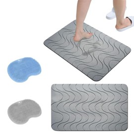 Set de 4 Tapetes de Baño – 2 Tapetes de Piedra Diatomita Absorbentes y 2 Tapetes de Silicona Exfoliantes Antideslizantes – Secado Rápido, Reutilizables y Fáciles de Limpiar (Gris)