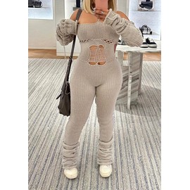 LETSVDO Bodycon Jumpsuit For Women Tube Long Sleeve Tie Back Stacked Flared Ripped Sweater Crochet Mesh Romper Playsuit Pant