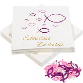 Comkrivy 40 Stück Rosa Fisch Servietten und 45 Stück Holz Fische Deko, Schön, dass du da bist!', Fisch Tischdeko für Taufe, Kommunion, Konfirmation oder Andere festliche Anlässe, 33 x 33cm
