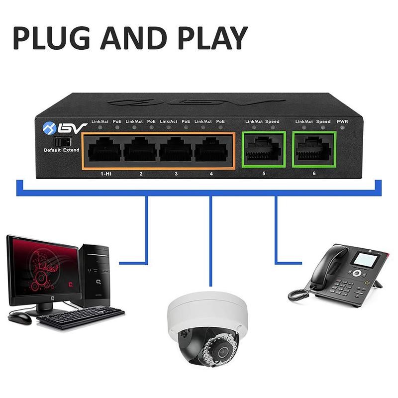 BV-Tech 4 PoE+ Gigabit Ports Switch with 2 Uplinks -