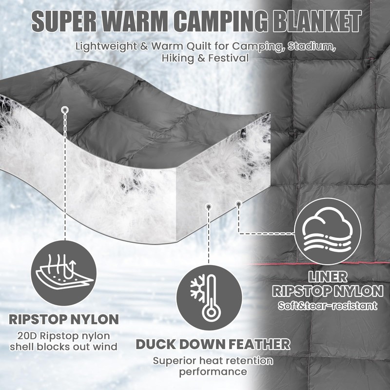 HunnmingRe Upgraded Hooded Down Camping Blanket Waterproof 650 Fill Puffy
