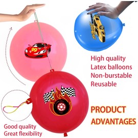 24Pcs Punch Balloons Race Cars Latex Bounce Balloons with Rubber Band Handle for Race Cars Theme Birthday Party Decorations