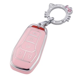Pangpai Pink Key Fob Cover for Ford, Soft TPU Key Case Protection with Bling Keychain Fit for F150 Explorer Mustang Edge Lincoln MKZ MKX MKC