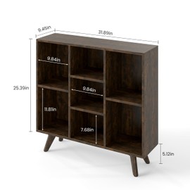 Manora Rustic Brown 7 Cube Mid Century Modern Bookshelf, Wooden Storage Organizer with Open Shelves, Retro Bookcase for Living Room, Bedroom, Home Office