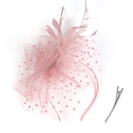 KalluliCC Fascinators Hat for Women Tea Party,Tea Party Hats with Mesh Ribbons Feathers for Women，Pink Mesh Wedding Headbands for Women and Girls Blush Pink