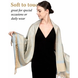 Achillea Women's Two Tone Vintage Jacquard Paisley Pashmina Shawl Wrap Scarf (Light Blue Tan)