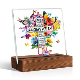 Pishovi God Says You Are Cross Butterfly Acrylic Sign With Wooden Stand, Funny Home Office Bedroom Desk Decor Plaque, Birthday Thanking You Affirmations Christian Gifts, Religious Gifts For Christians