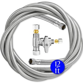 Refrigerator Ice Maker Water Line Kit - 12' Braided Stainless Steel Fridge Water Line with 1/4" Compression Fittings Pex Tubing Core and Water Splitter
