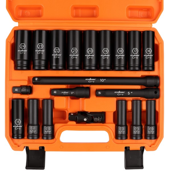 HORUSDY 20-Piece 1/2 Impact Socket Set | Metric (10mm - 24mm) | 6 Point Impact Socket Set 1/2 Drive with Case | Cr-V Steel | 3", 5", and 10" Impact Extension Bars