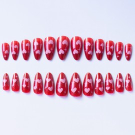 TBRZTR Love Heart Valentine's Day Press on Nails Almond Medium Wine Red False Nails Holiday Acrylic Nails Valentine's Coffin Nails Full Cover Stick on Nails Glossy Glue on Nails for Women 24Pcs