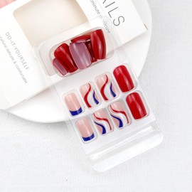 4th of July Short Fake Nails Square Press on Nails French Tip Red Blue False Nails Acrylic Patriotic Stick on Nails Cute Artificial Nails Glossy Full Cover Nails for Women Girls Nail Art Supplies 24Pcs
