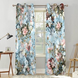 Renaiss Blue Rose Floral Blackout Curtains, Light Blue Watercolor Flowers Blossom Bedroom Window Curtains, Vintage Grommet Window Drapes for Living Room 42W x 84L 2 Panels Set