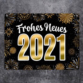 trendaffe - Happy New 2021 Metal Sign with Fireworks Design Year New Year's Eve Rocket Böller