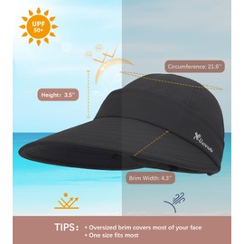 Durio Sun Hat 2 in 1 Visors for Women UPF 50+ Wide Brim Summer Beach Hats for Women Foldable Zip-Off Visor with Wind Strap Packable Womens Sun Hat Safari Hiking Fishing Black One Size