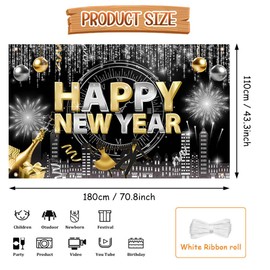AIBIIN Happy New Year Banner Black and Gold Photography Background New Years Eve Party Decoration 2026 Backdrop Perfect for Year's Eve Celebrations 70.8x43.3 inch